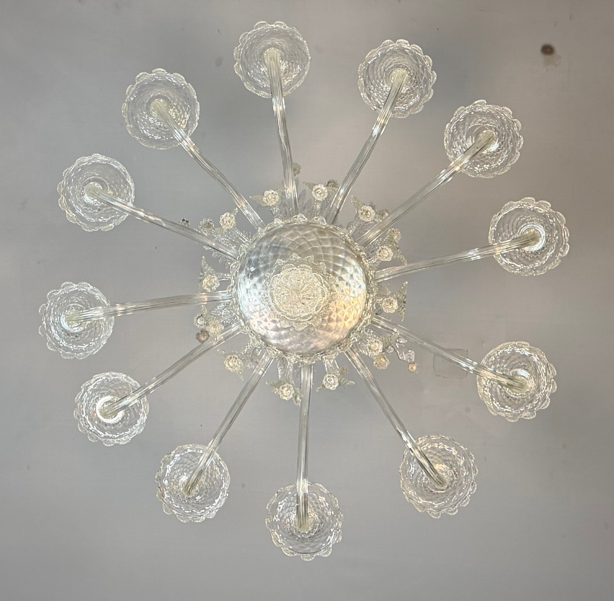 Venetian Chandelier In Colorless Murano Glass, 12 Light Arms, Circa 1900-photo-3