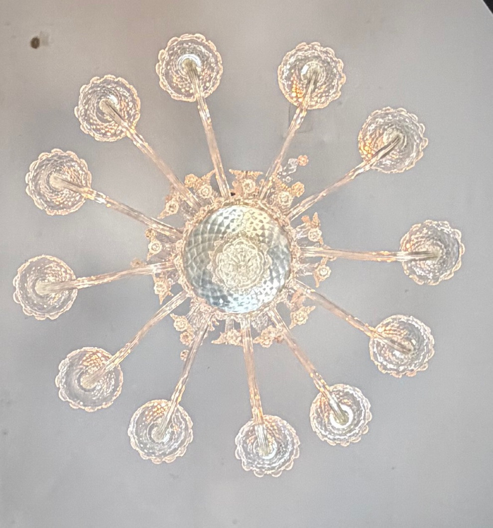 Venetian Chandelier In Colorless Murano Glass, 12 Light Arms, Circa 1900-photo-4