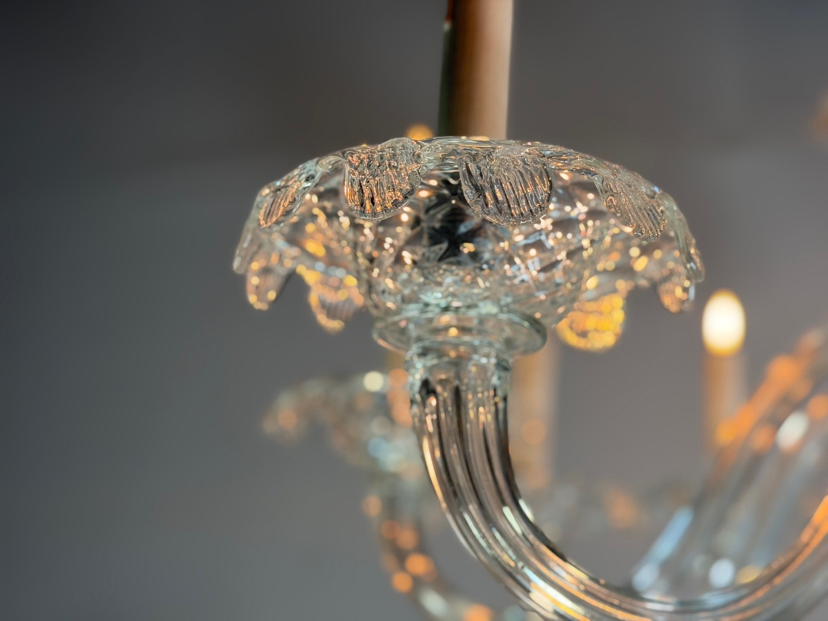 Venetian Chandelier In Colorless Murano Glass, 12 Light Arms, Circa 1900-photo-1