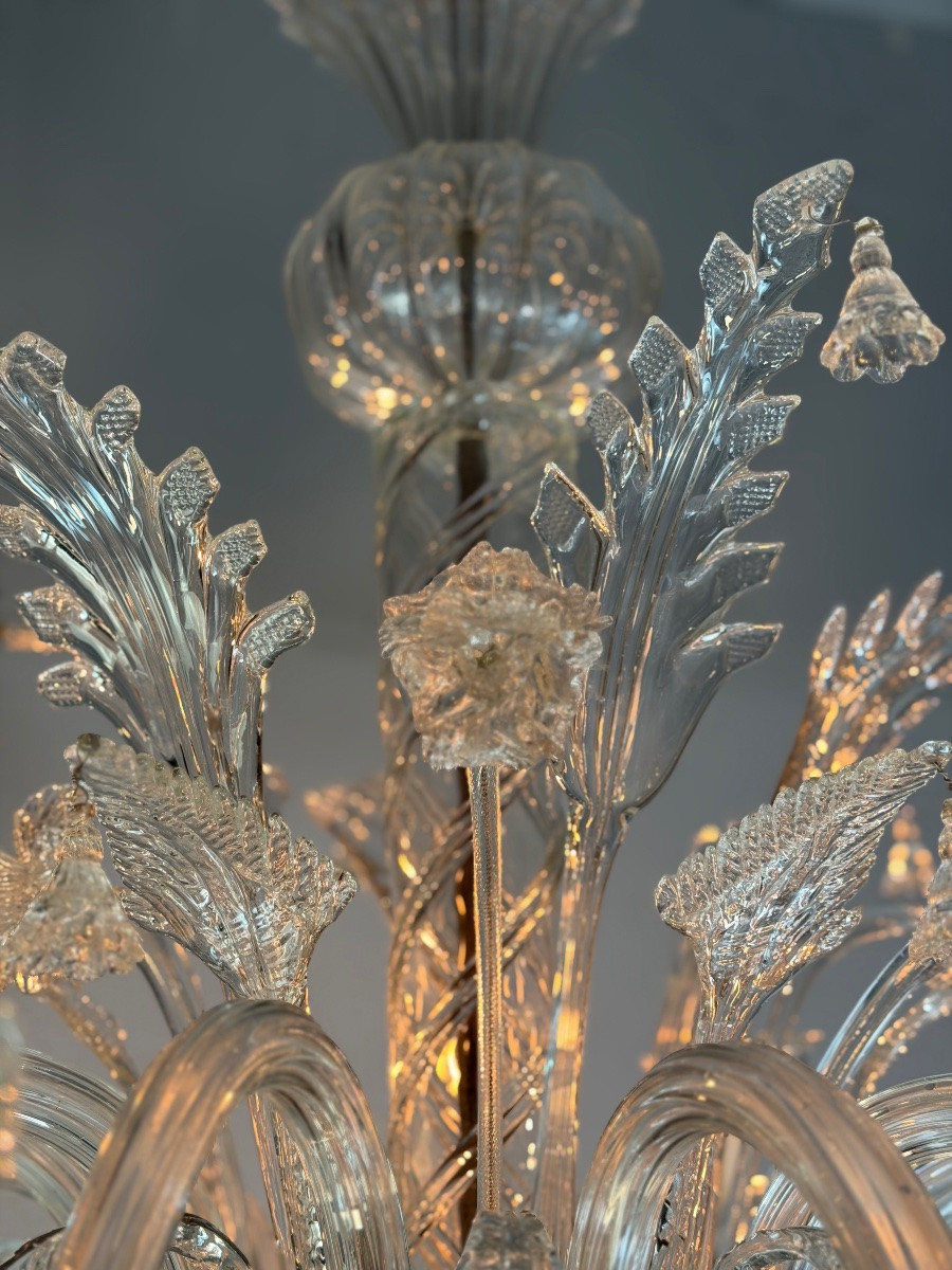 Venetian Chandelier In Colorless Murano Glass, 12 Light Arms, Circa 1900-photo-2
