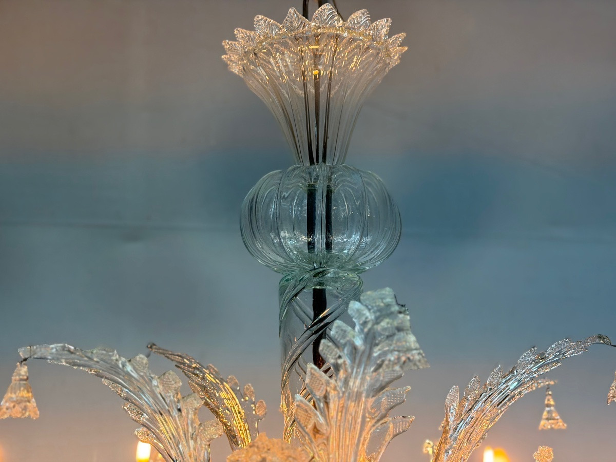 Venetian Chandelier In Colorless Murano Glass, 12 Light Arms, Circa 1900-photo-3