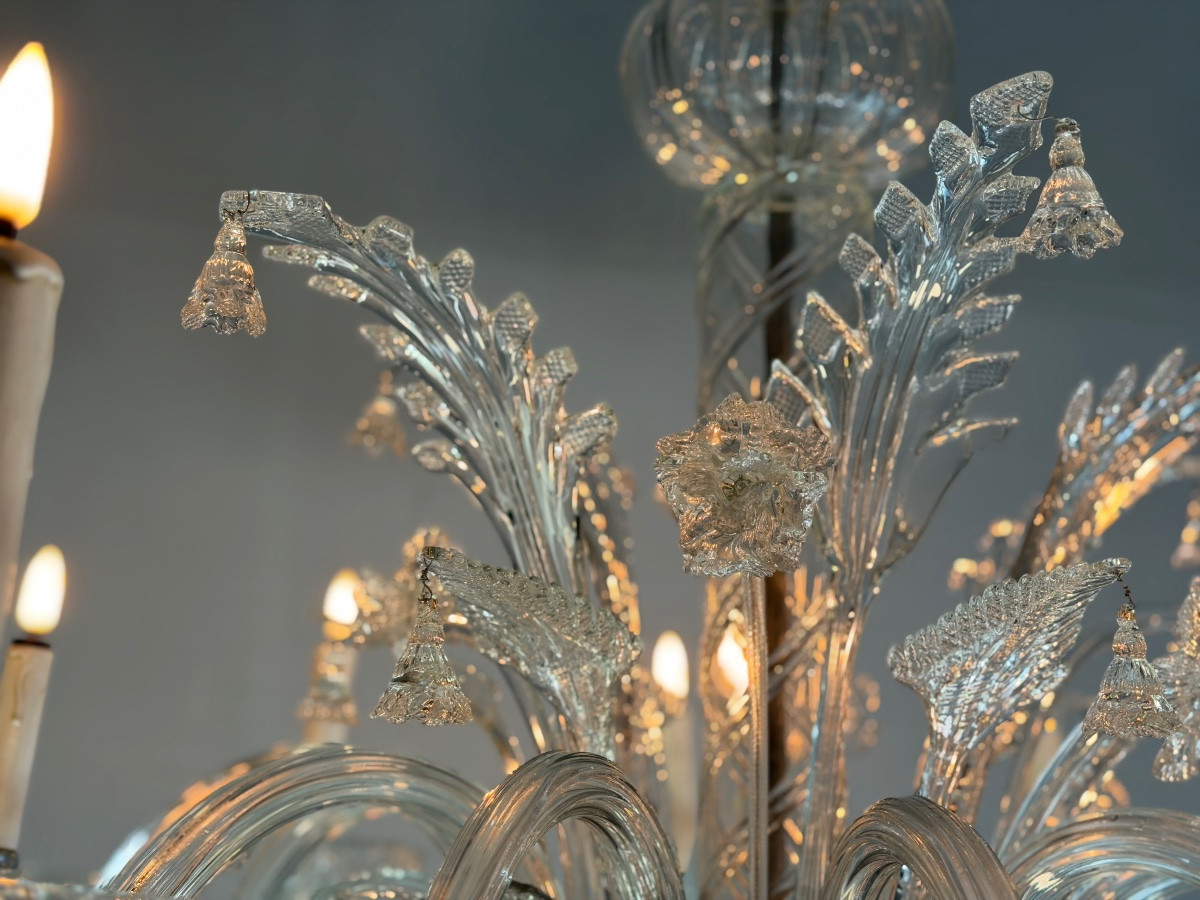 Venetian Chandelier In Colorless Murano Glass, 12 Light Arms, Circa 1900-photo-4