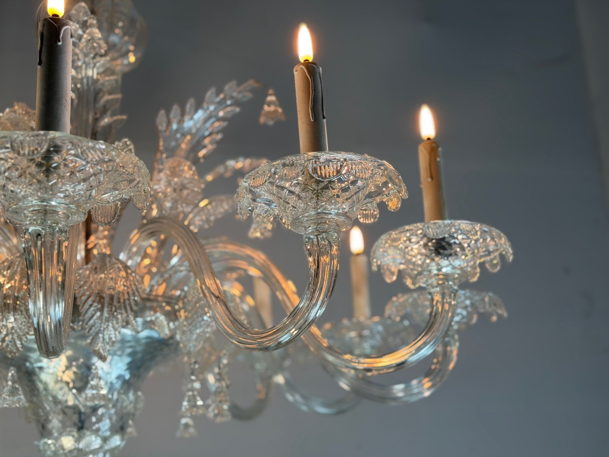 Venetian Chandelier In Colorless Murano Glass, 12 Light Arms, Circa 1900-photo-5