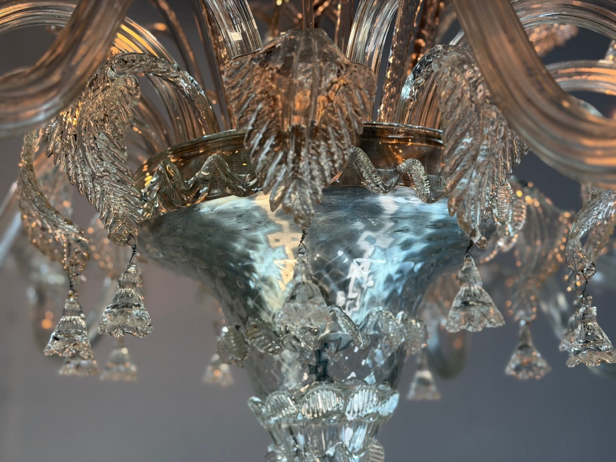 Venetian Chandelier In Colorless Murano Glass, 12 Light Arms, Circa 1900-photo-6