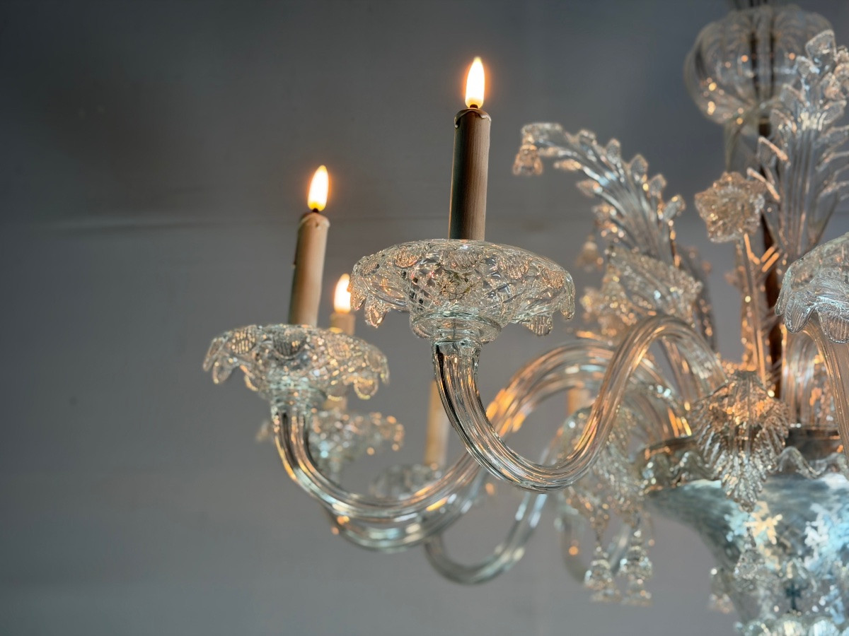 Venetian Chandelier In Colorless Murano Glass, 12 Light Arms, Circa 1900-photo-7