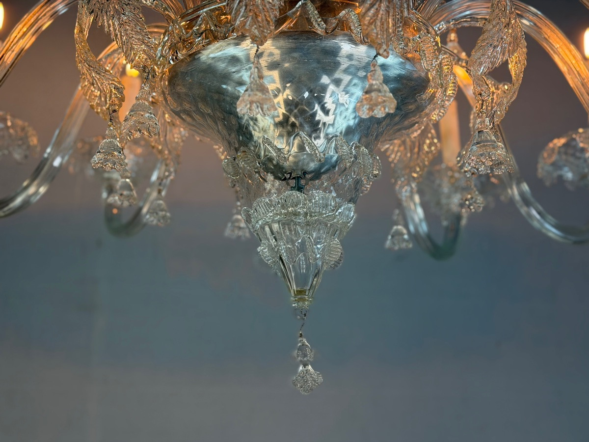 Venetian Chandelier In Colorless Murano Glass, 12 Light Arms, Circa 1900-photo-8