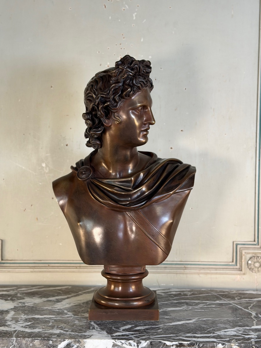 Buste en bronze patine médaille, Apollon du Belvédère, bronzier Luppens , XIXeme siècle-photo-2