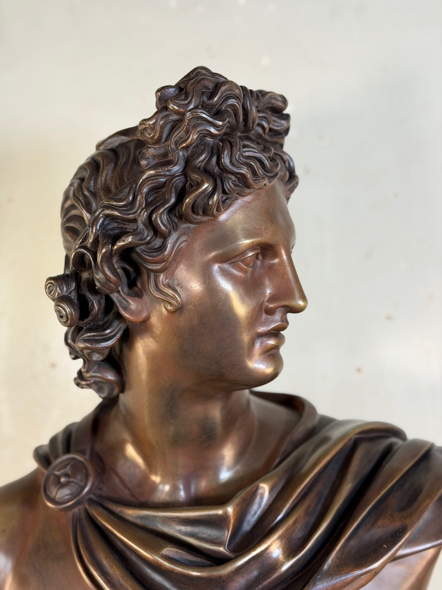 Buste en bronze patine médaille, Apollon du Belvédère, bronzier Luppens , XIXeme siècle-photo-3