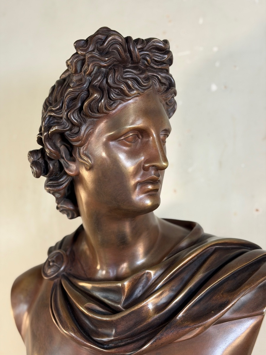 Buste en bronze patine médaille, Apollon du Belvédère, bronzier Luppens , XIXeme siècle-photo-1