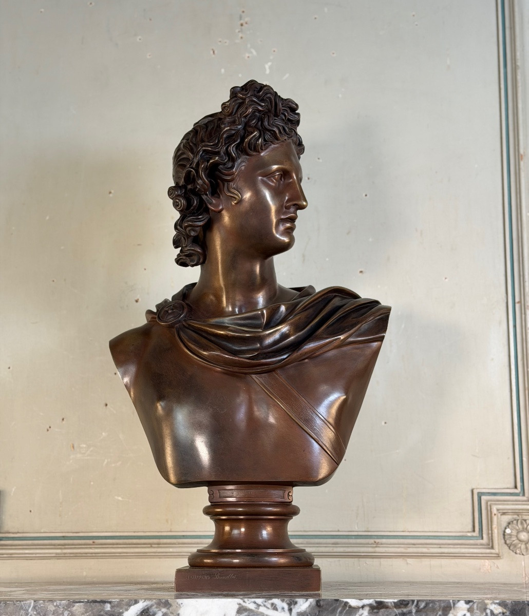Buste en bronze patine médaille, Apollon du Belvédère, bronzier Luppens , XIXeme siècle-photo-3
