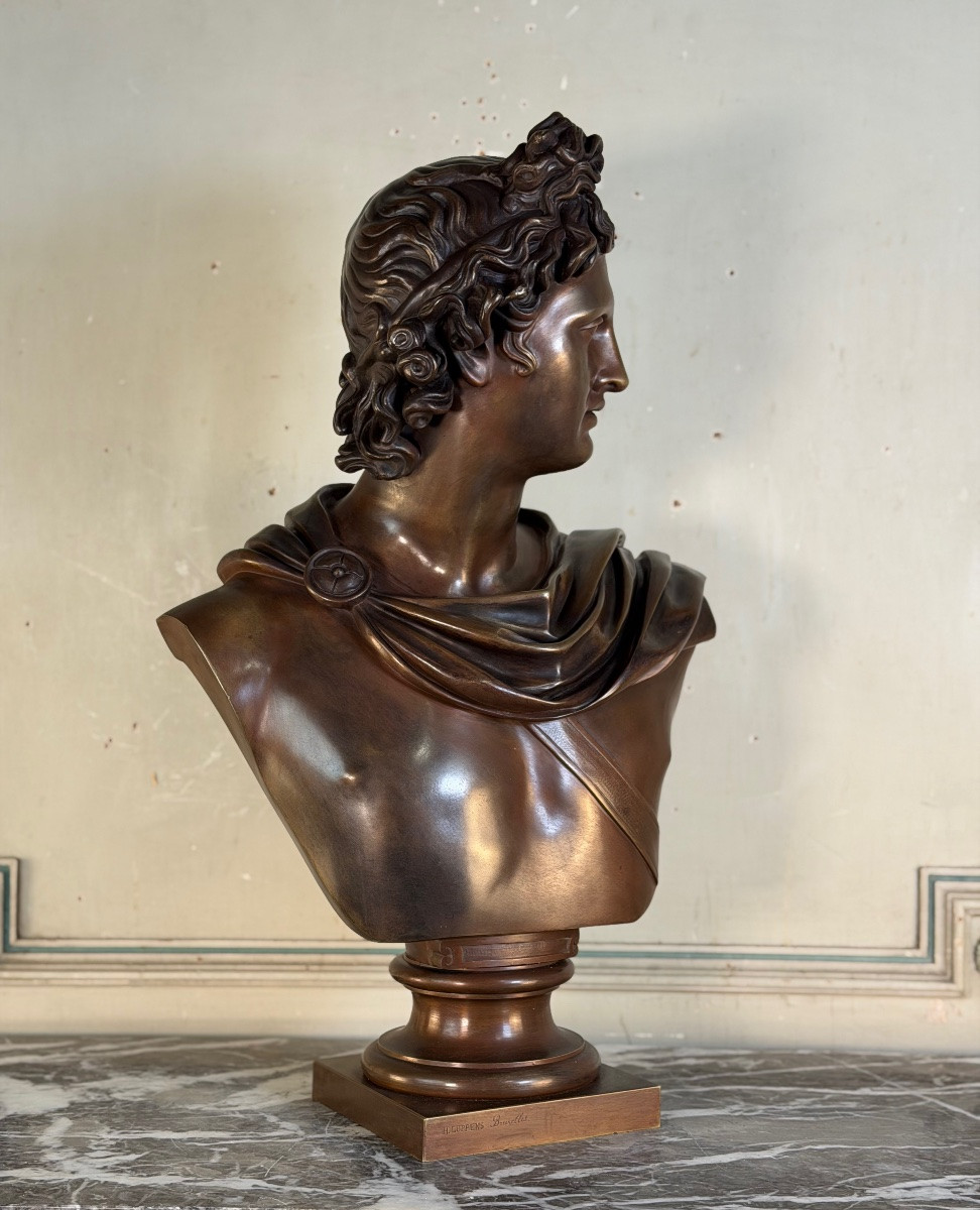 Buste en bronze patine médaille, Apollon du Belvédère, bronzier Luppens , XIXeme siècle-photo-4