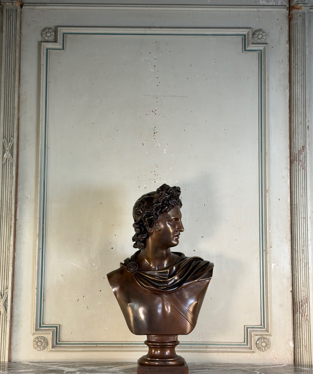 Buste en bronze patine médaille, Apollon du Belvédère, bronzier Luppens , XIXeme siècle