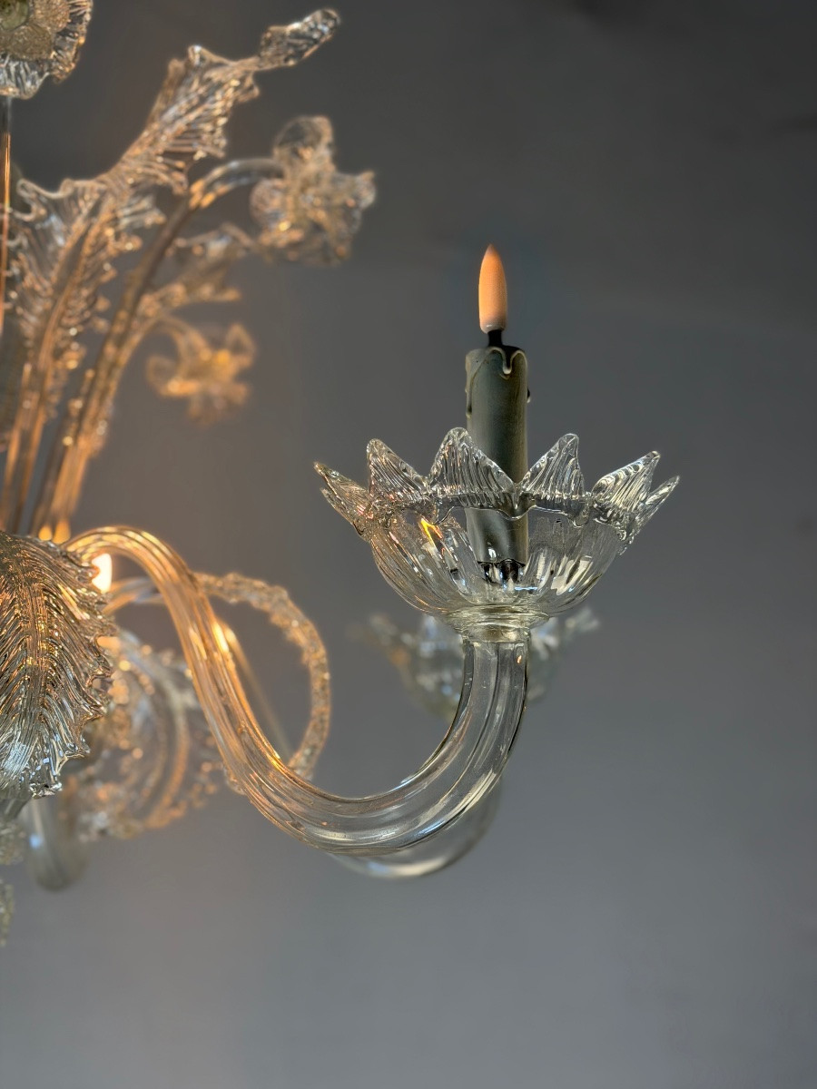 Lustre vénitien en verre de Murano, 6 bras de lumière, nouvelle électrification, vers 1930-photo-3