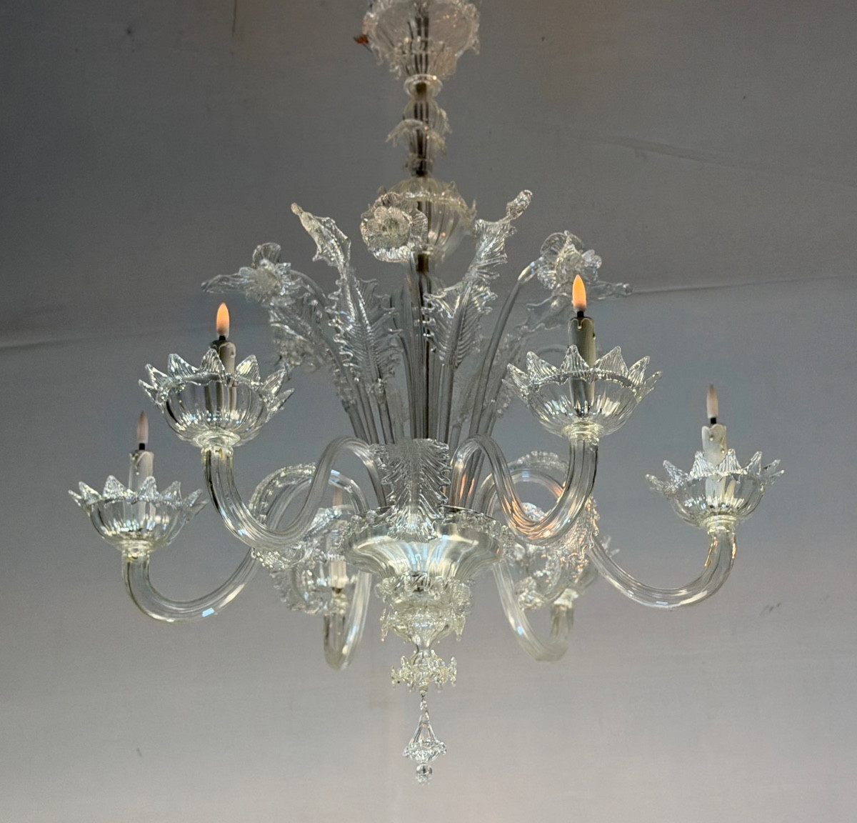 Lustre vénitien en verre de Murano, 6 bras de lumière, nouvelle électrification, vers 1930