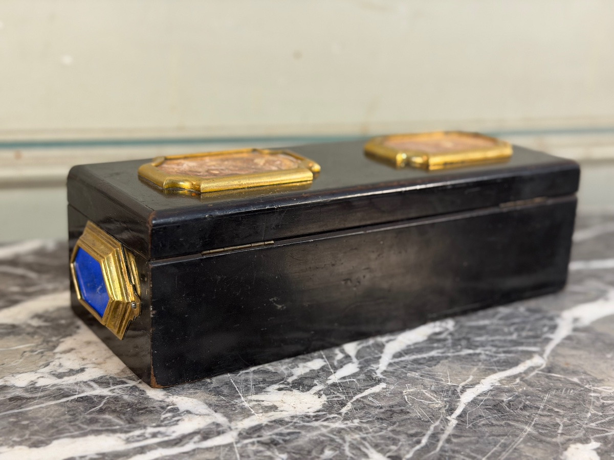 Black Lacquered Wooden Box Adorned With Scaglione Plaques Imitating Marble, Circa 1880-photo-3