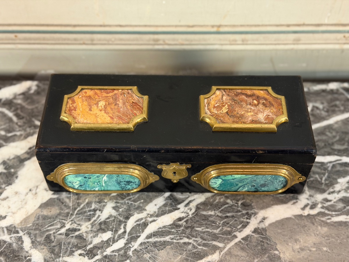 Black Lacquered Wooden Box Adorned With Scaglione Plaques Imitating Marble, Circa 1880-photo-4