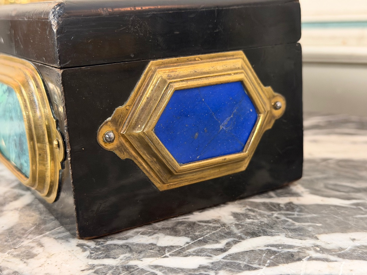 Black Lacquered Wooden Box Adorned With Scaglione Plaques Imitating Marble, Circa 1880-photo-1
