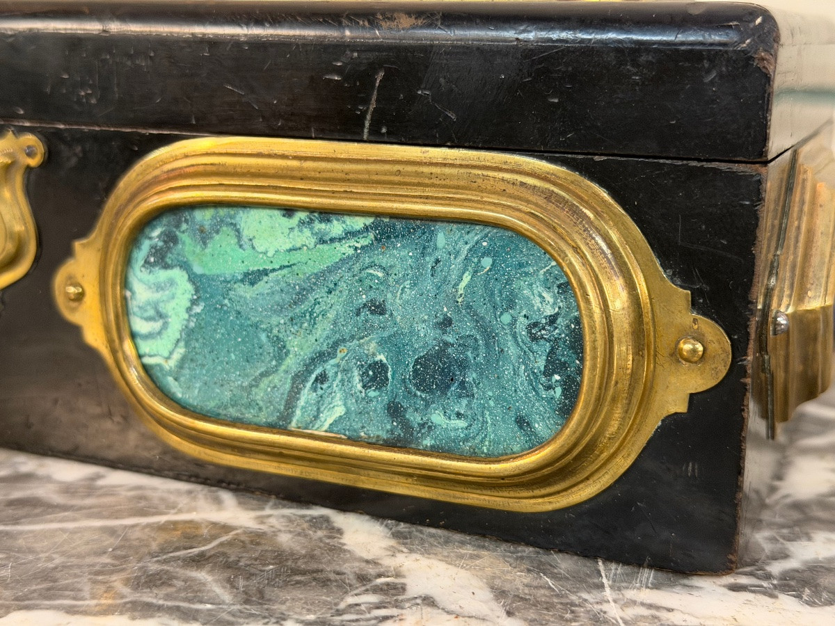 Black Lacquered Wooden Box Adorned With Scaglione Plaques Imitating Marble, Circa 1880-photo-2