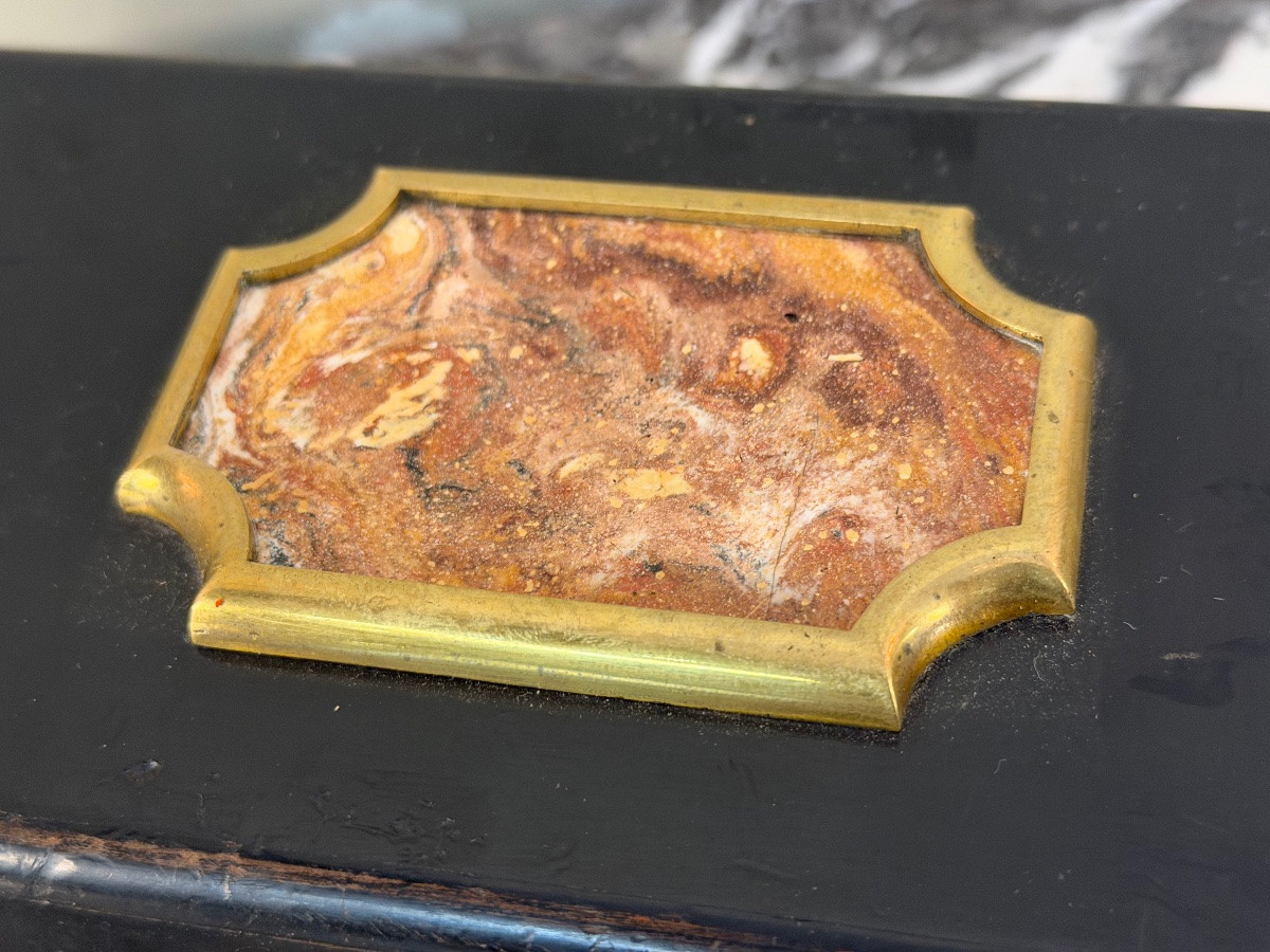 Black Lacquered Wooden Box Adorned With Scaglione Plaques Imitating Marble, Circa 1880-photo-3
