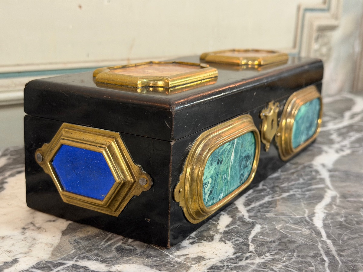 Black Lacquered Wooden Box Adorned With Scaglione Plaques Imitating Marble, Circa 1880-photo-4