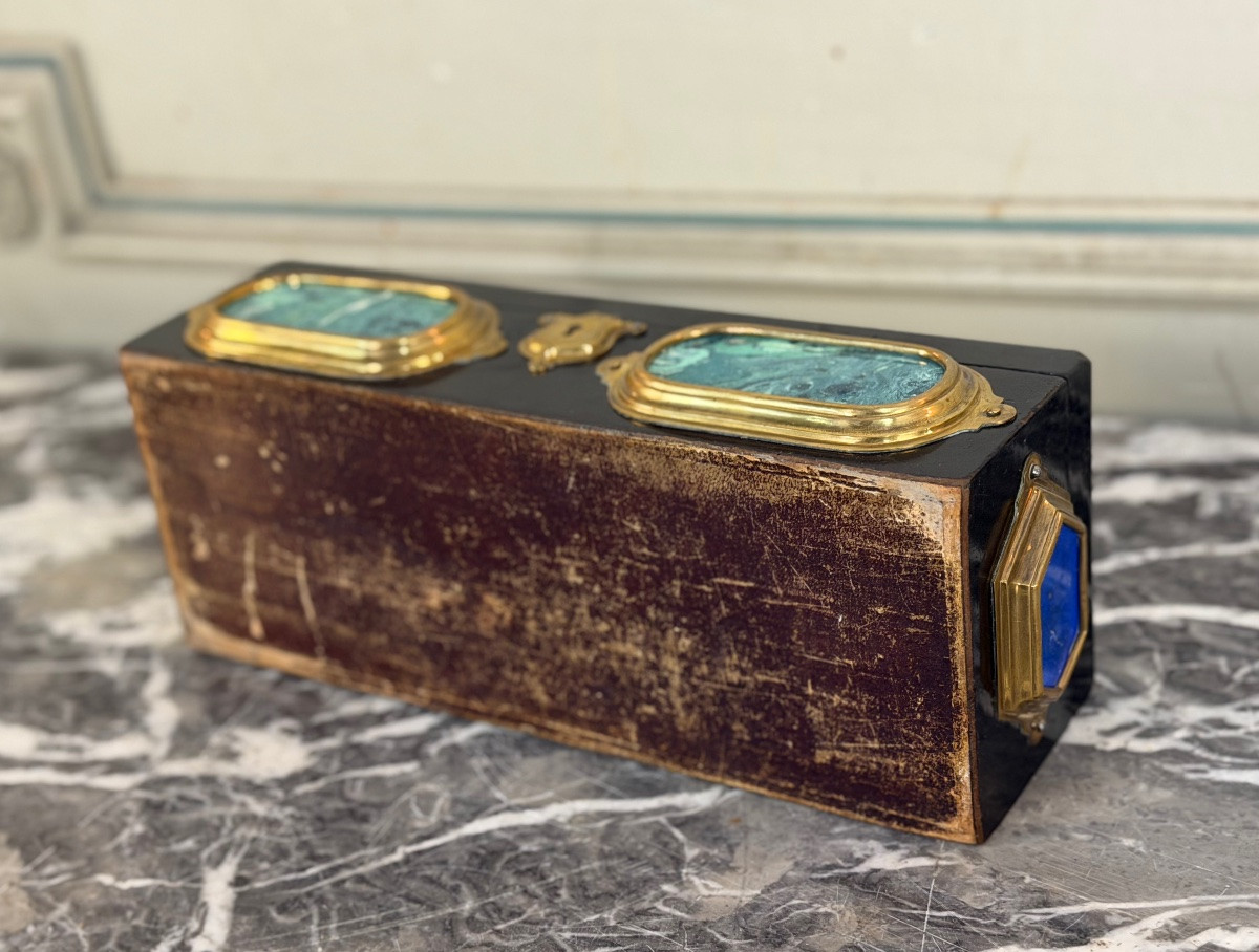 Black Lacquered Wooden Box Adorned With Scaglione Plaques Imitating Marble, Circa 1880-photo-5