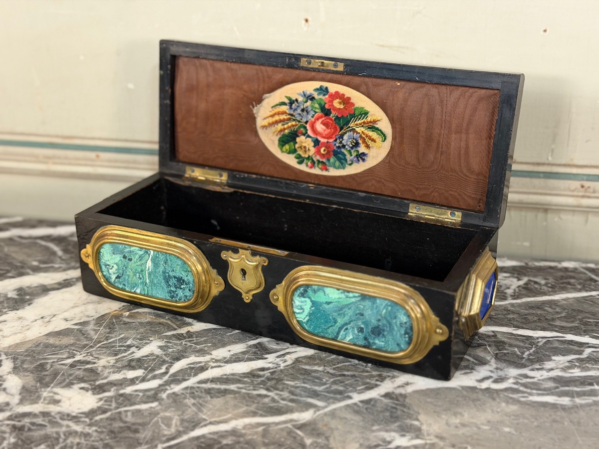 Black Lacquered Wooden Box Adorned With Scaglione Plaques Imitating Marble, Circa 1880-photo-6