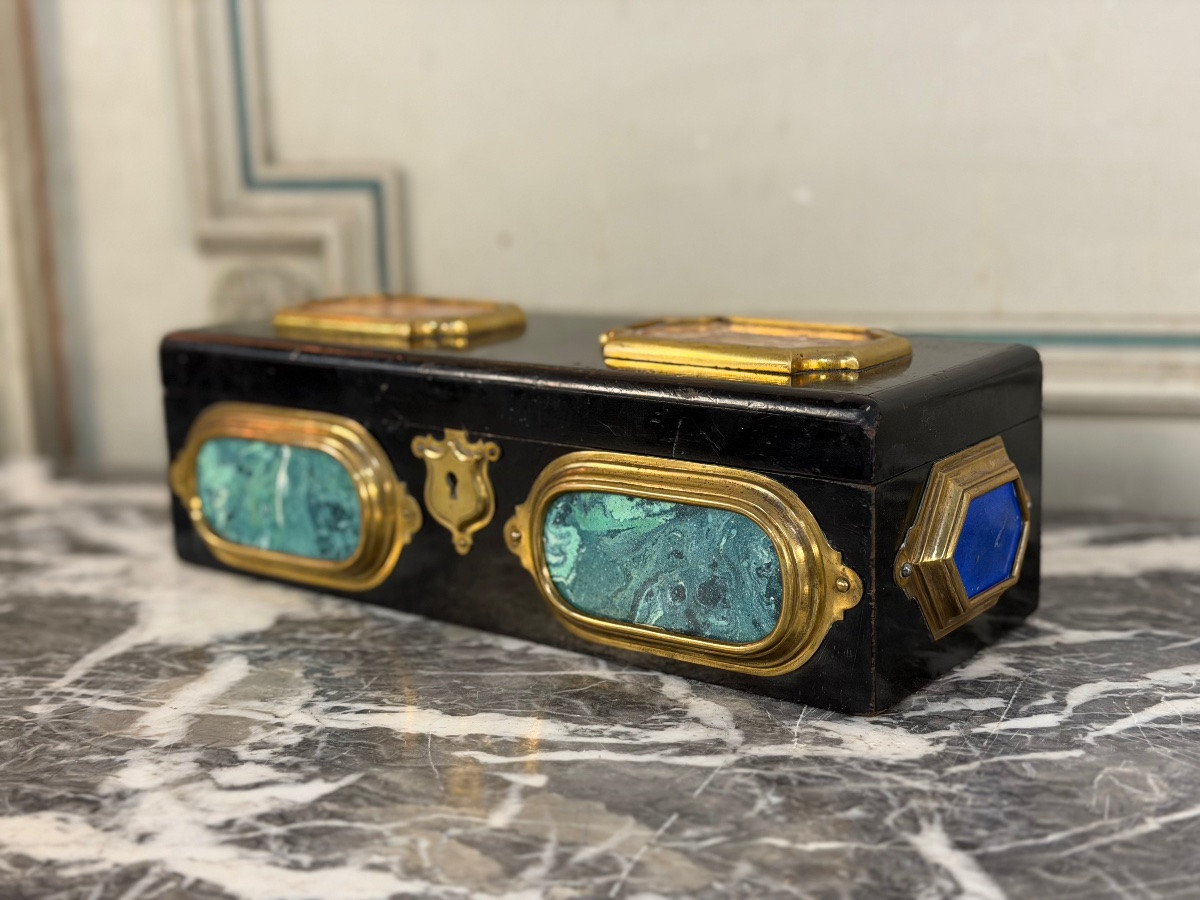 Black Lacquered Wooden Box Adorned With Scaglione Plaques Imitating Marble, Circa 1880-photo-7