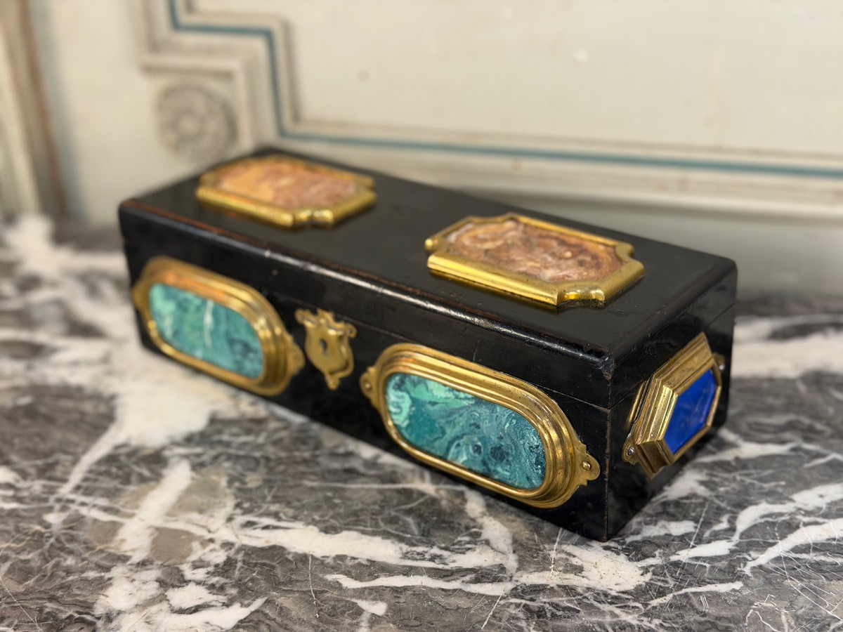 Black Lacquered Wooden Box Adorned With Scaglione Plaques Imitating Marble, Circa 1880-photo-8