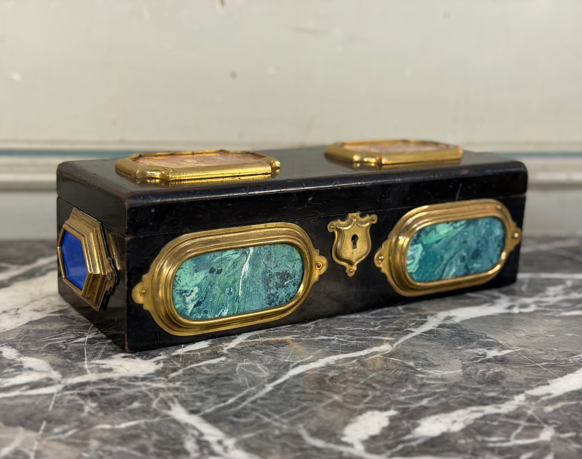 Black Lacquered Wooden Box Adorned With Scaglione Plaques Imitating Marble, Circa 1880