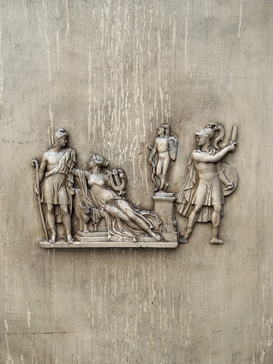 Miroir ou trumeau de cheminée Directoire, bois stuqué et peint début XIXème siècle-photo-2