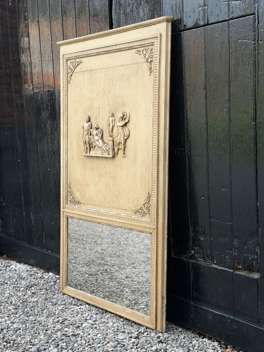 Miroir ou trumeau de cheminée Directoire, bois stuqué et peint début XIXème siècle-photo-4