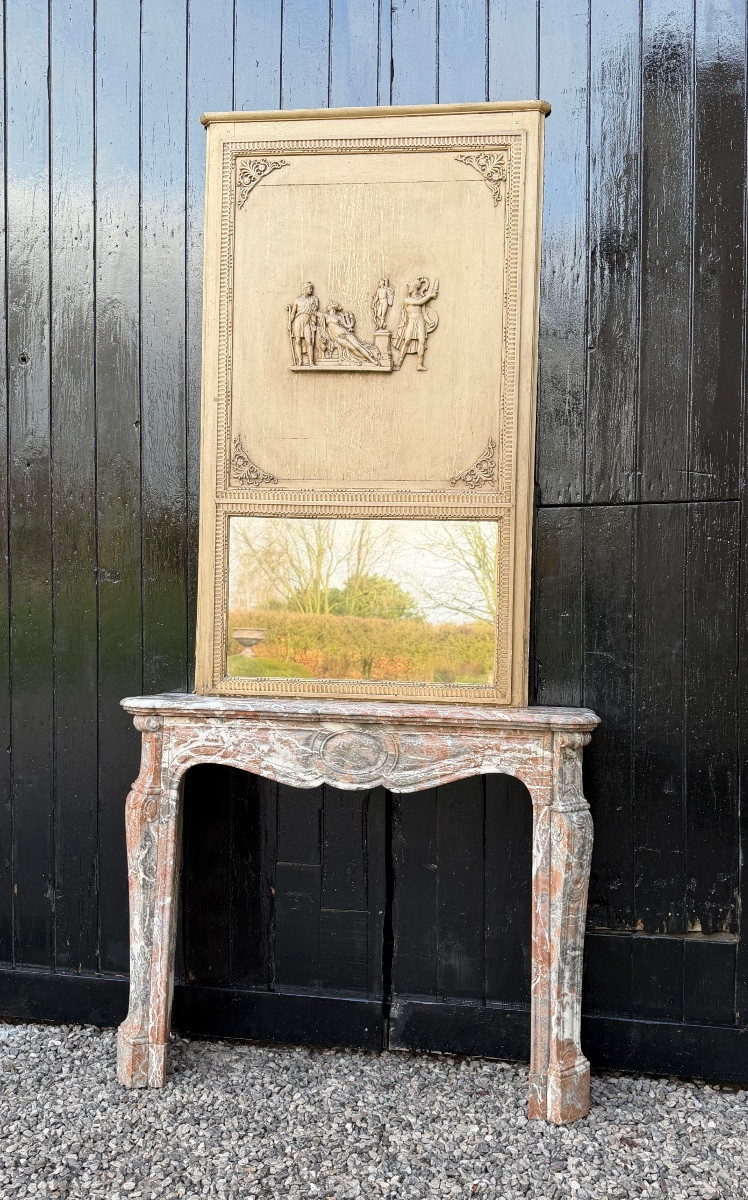 Miroir ou trumeau de cheminée Directoire, bois stuqué et peint début XIXème siècle-photo-7