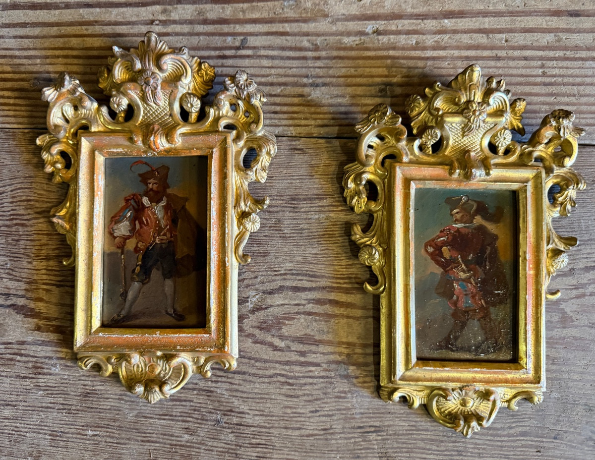 Pair Of Portraits Of Italian Bandits, Oil On Panel, Gilt Frames, Circa 1880