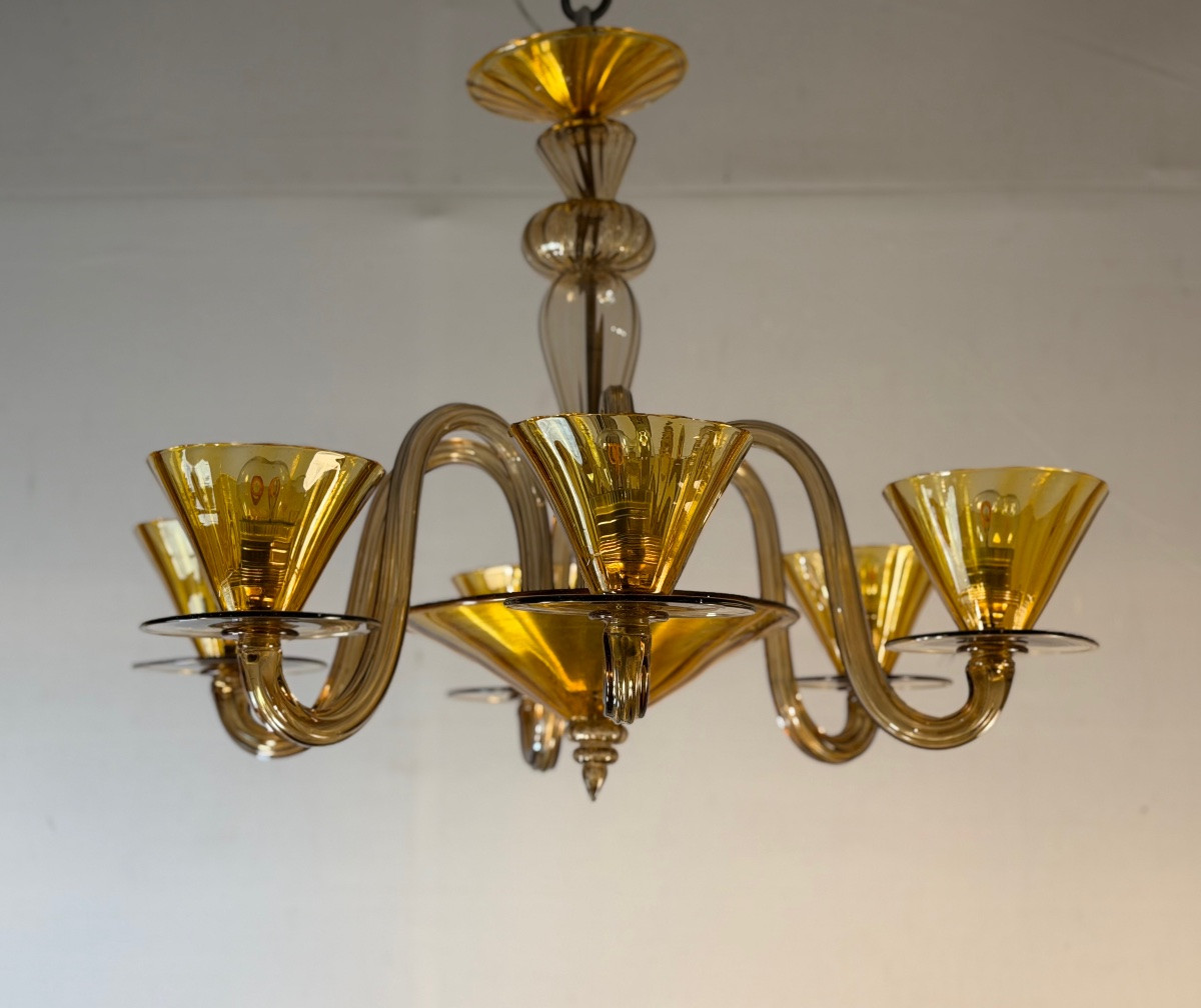 Venetian Chandelier In Brown And Yellow Murano Glass, Circa 1940 -photo-8