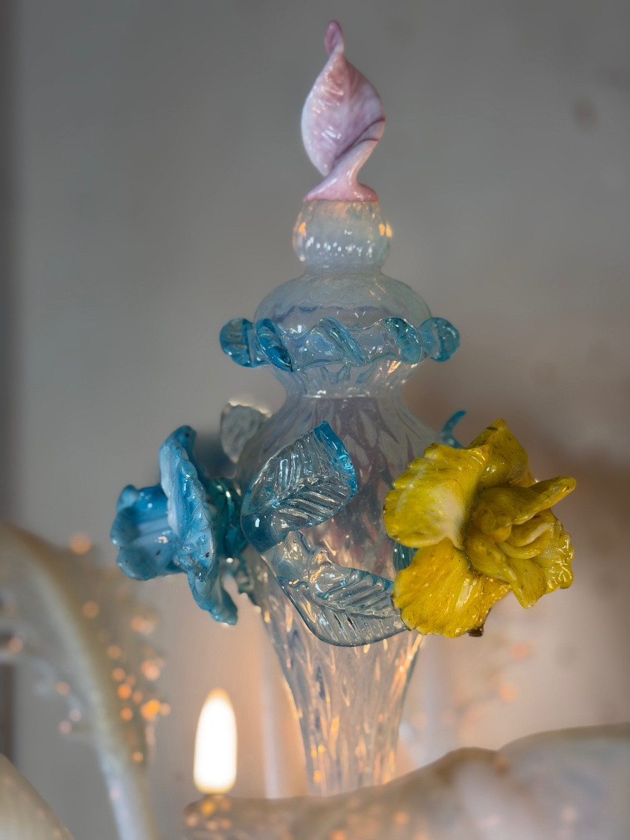 Venetian Girandole In Multicolored Murano Glass, Predominantly Opaline Blue, Circa 1930 -photo-2