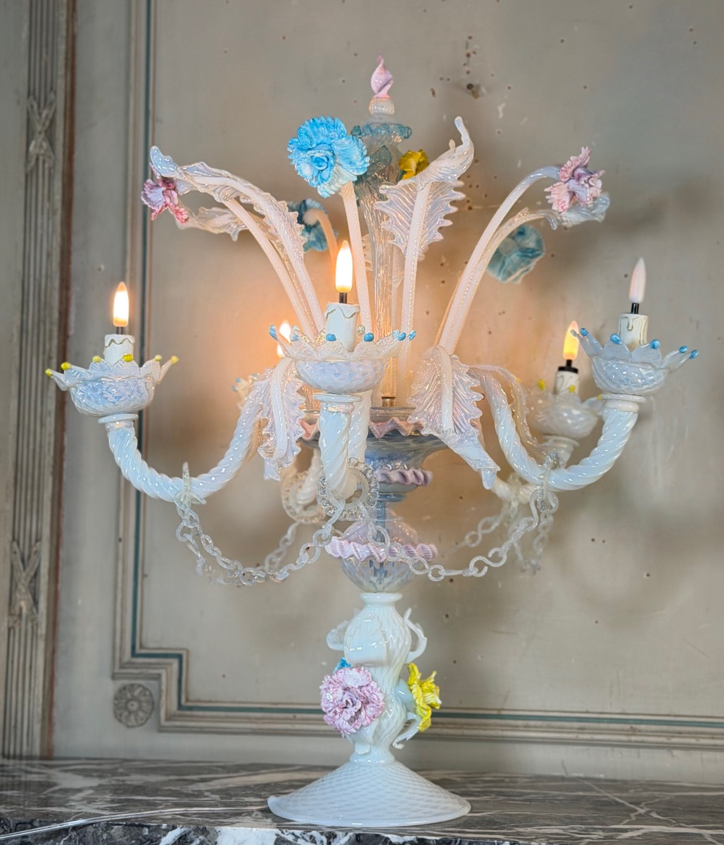 Venetian Girandole In Multicolored Murano Glass, Predominantly Opaline Blue, Circa 1930 -photo-4