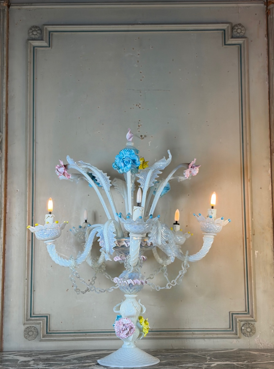 Venetian Girandole In Multicolored Murano Glass, Predominantly Opaline Blue, Circa 1930 