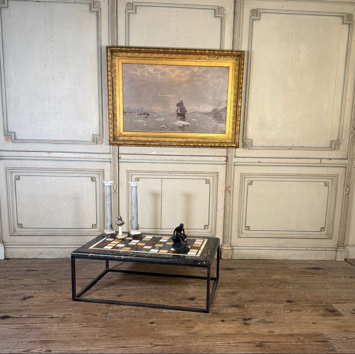 Table de salon, spécimens de marbres,  socle de métal sur mesure -photo-1