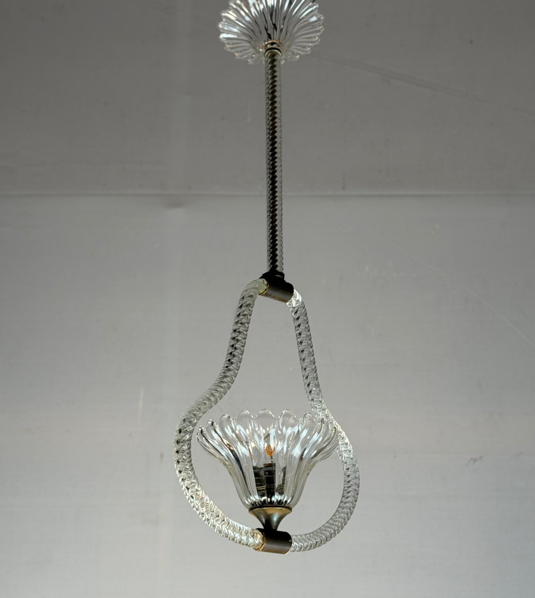 Venetian Chandelier In Colorless Murano Glass And Brass, Circa 1950-photo-2