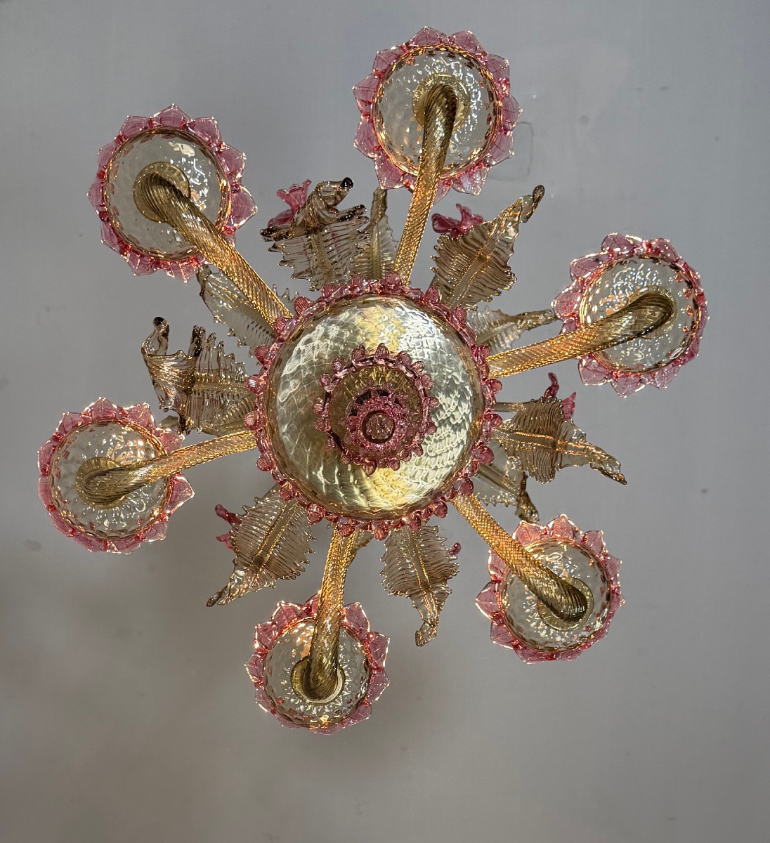 Venetian Chandelier In Pink And Gold Murano Glass, Circa 1930-photo-2