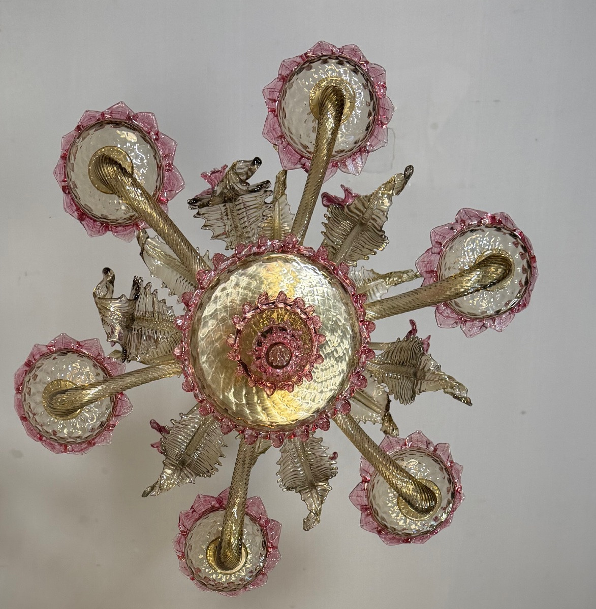 Venetian Chandelier In Pink And Gold Murano Glass, Circa 1930-photo-3