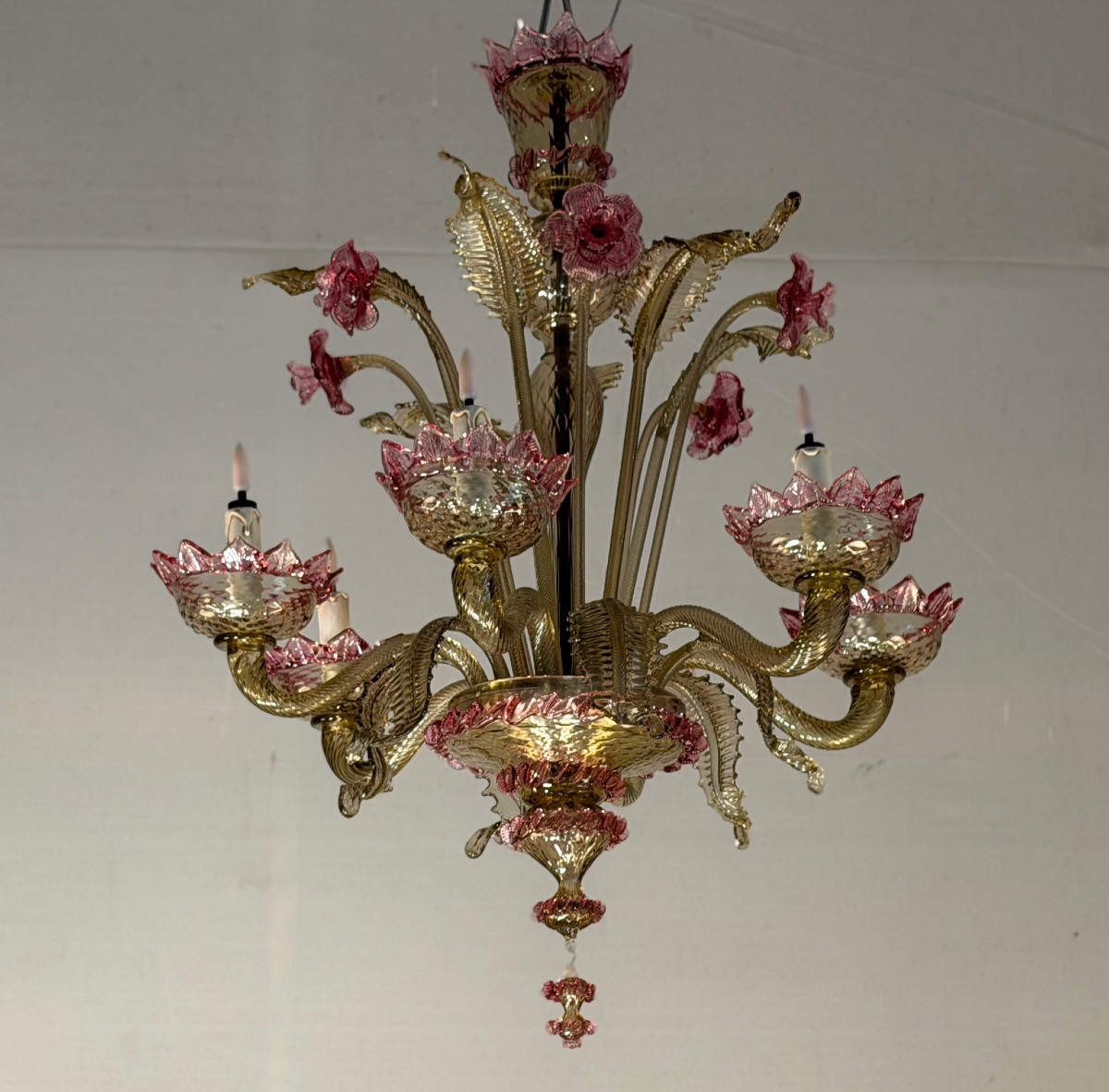 Venetian Chandelier In Pink And Gold Murano Glass, Circa 1930-photo-4