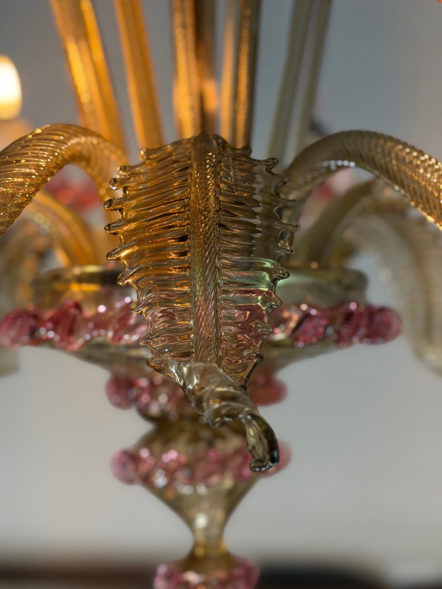 Venetian Chandelier In Pink And Gold Murano Glass, Circa 1930-photo-1