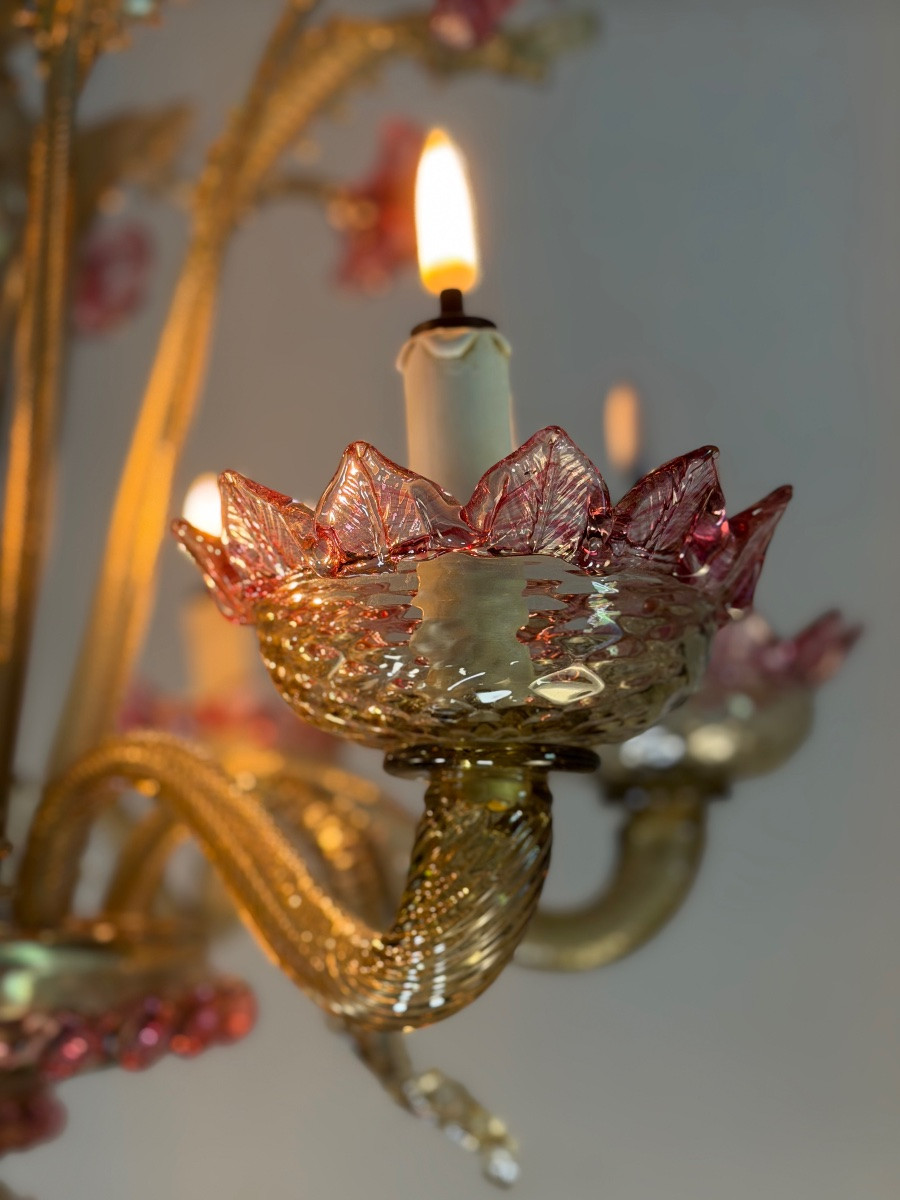 Venetian Chandelier In Pink And Gold Murano Glass, Circa 1930-photo-2