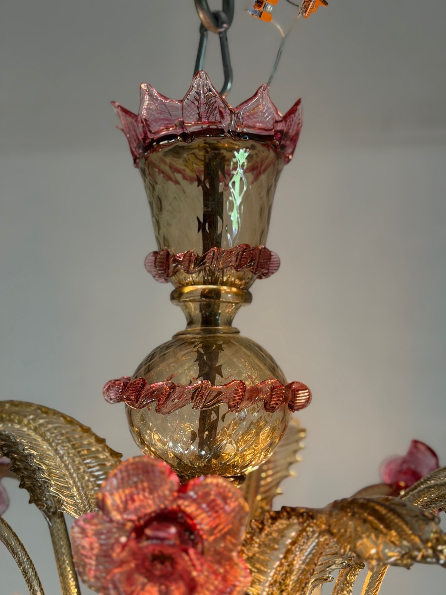Venetian Chandelier In Pink And Gold Murano Glass, Circa 1930-photo-3