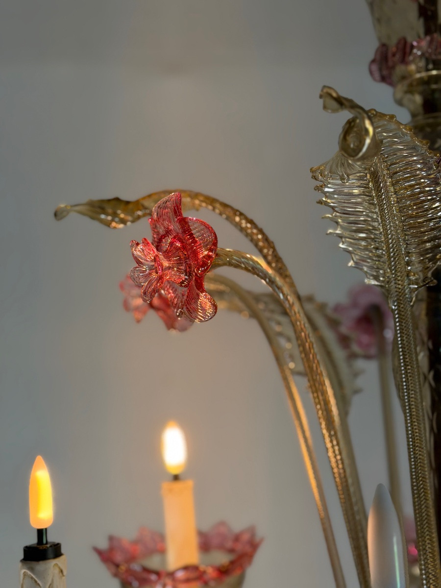 Venetian Chandelier In Pink And Gold Murano Glass, Circa 1930-photo-4
