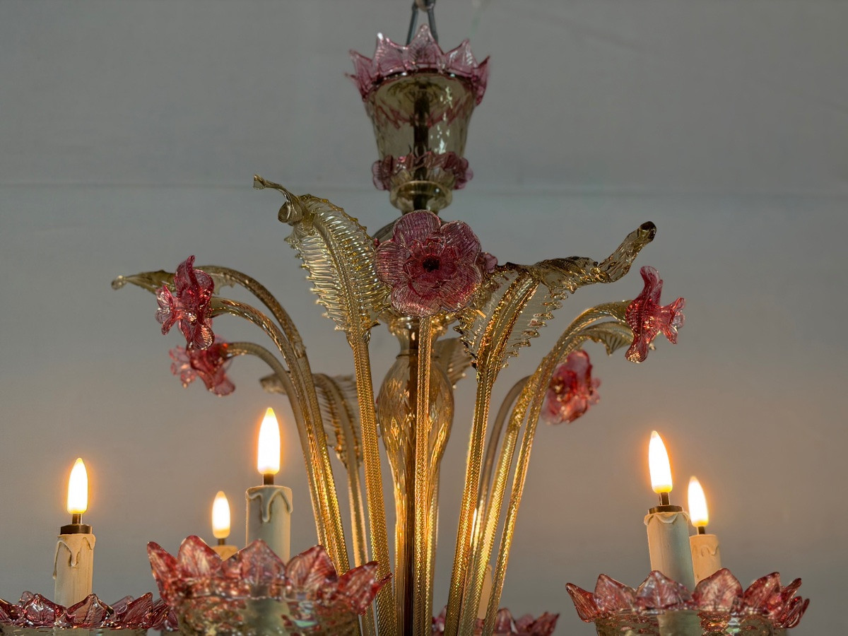 Venetian Chandelier In Pink And Gold Murano Glass, Circa 1930-photo-5