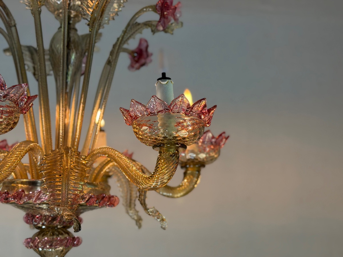 Venetian Chandelier In Pink And Gold Murano Glass, Circa 1930-photo-6
