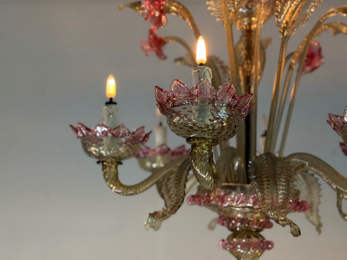 Venetian Chandelier In Pink And Gold Murano Glass, Circa 1930-photo-7