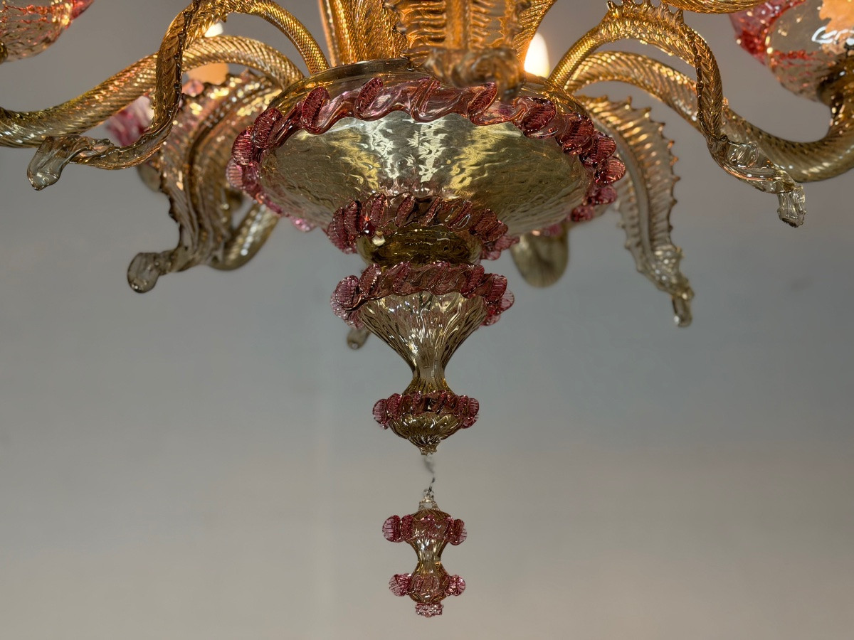 Venetian Chandelier In Pink And Gold Murano Glass, Circa 1930-photo-8